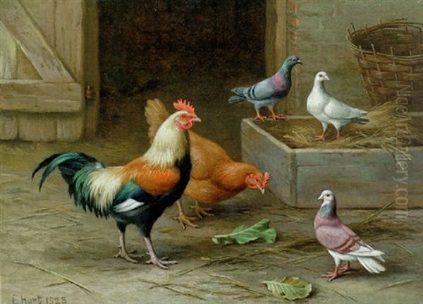 Chickens, Pigeons And A Dove Oil Painting by Edgar Hunt