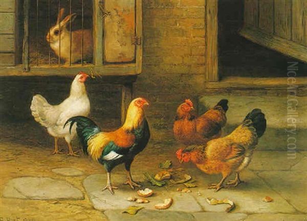 Chickens And Rabbit Oil Painting by Edgar Hunt