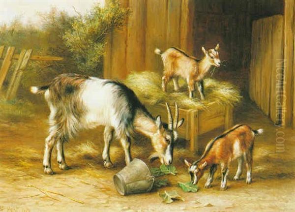 Goats Outside A Stable Oil Painting by Edgar Hunt