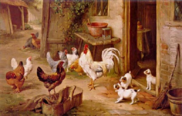 Chickens And Puppies Oil Painting by Edgar Hunt