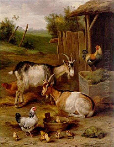 Goats And Chickens Oil Painting by Edgar Hunt