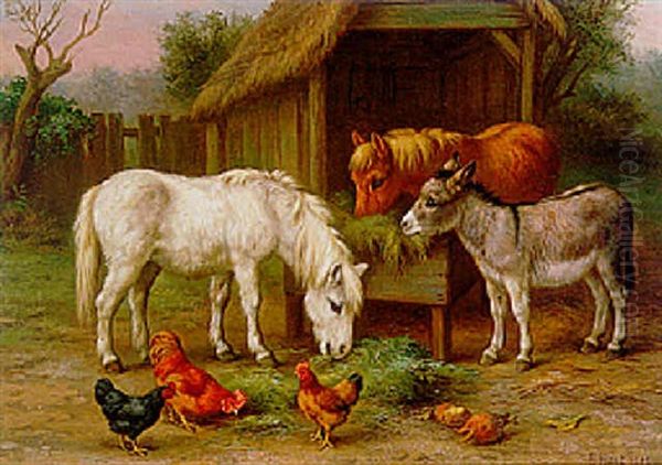 Ponies, Chickens And A Donkey In A Stable Oil Painting by Edgar Hunt