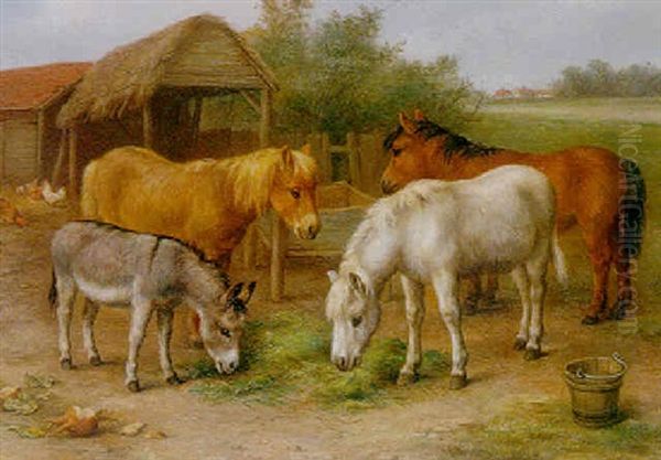 Ponies And A Donkey Feeding Oil Painting by Edgar Hunt