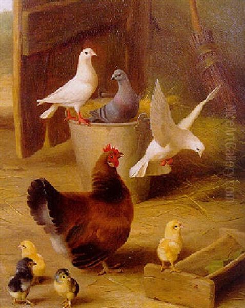 A Hen, Chicks And Doves By A Stable Door Oil Painting by Edgar Hunt