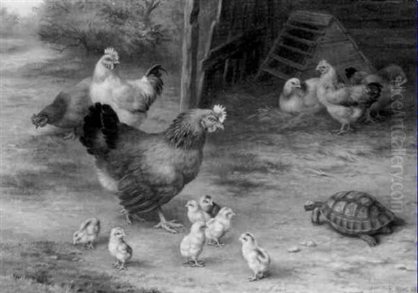 Hens, Chickens And A Tortoise In A Farmyard Oil Painting by Edgar Hunt