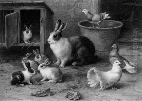 Rabbits, Pigeons And A Dove In A Farmyard Oil Painting by Edgar Hunt