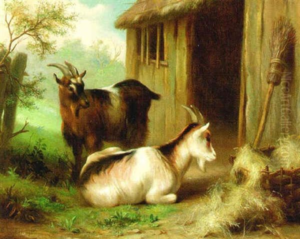 Goats Before A Barn Oil Painting by Edgar Hunt