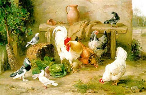 A Cockerel, Hens, Pigeons And Doves In A Farmyard Oil Painting by Edgar Hunt