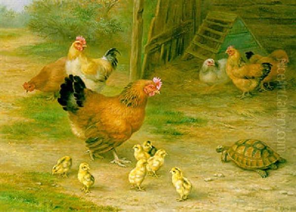 Hens, Chicks And A Tortoise In A Farmyard Oil Painting by Edgar Hunt