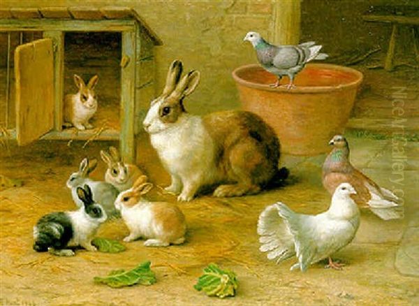 Rabbits, Pigeons And A Dove In A Farmyard by Edgar Hunt