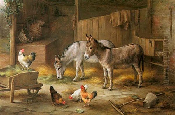 Donkeys And Farmyard Fowl Oil Painting by Edgar Hunt