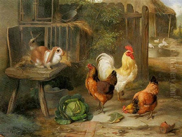 Rabbits And Poultry In A Farmyard Oil Painting by Edgar Hunt