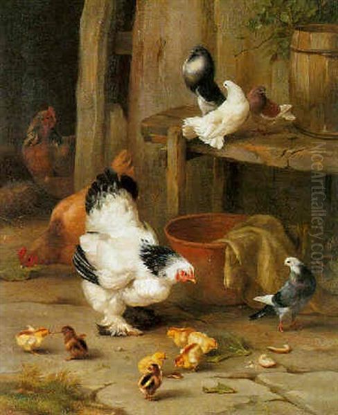 Pigeons And Poultry Oil Painting by Edgar Hunt