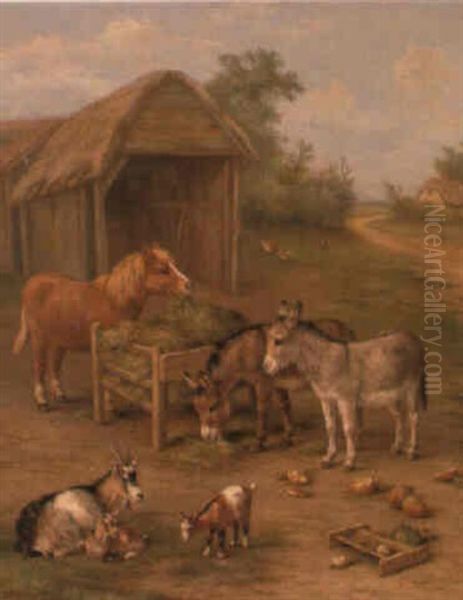 Turkeys, Goats And A Pony Before A Barn Oil Painting by Edgar Hunt