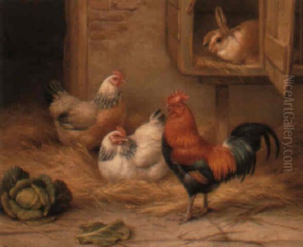 Hens Nesting, A Cockerel And A Rabbit In A Barnyard Oil Painting by Edgar Hunt