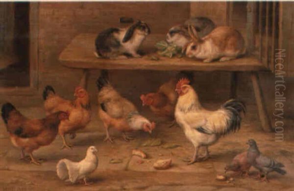 Chickens, Rabbits And Pigeons Feeding Oil Painting by Edgar Hunt