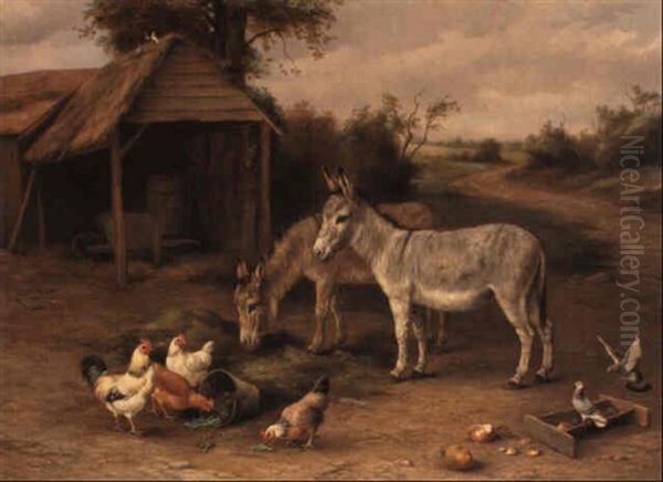 Donkeys And Chickens Oil Painting by Edgar Hunt