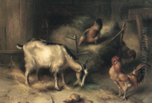 A Goat And Chickens In A Stable Oil Painting by Edgar Hunt