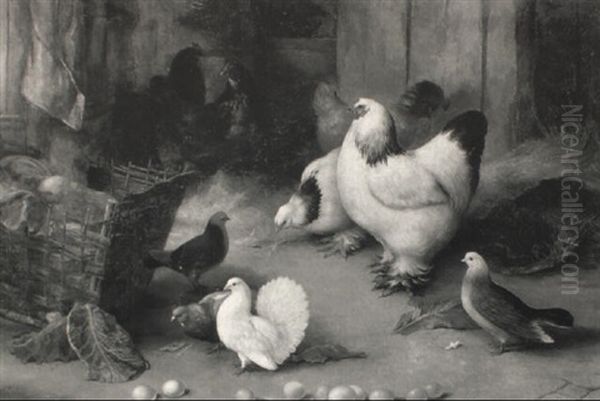 Chickens, Pigeons And Doves In A Barn Oil Painting by Edgar Hunt