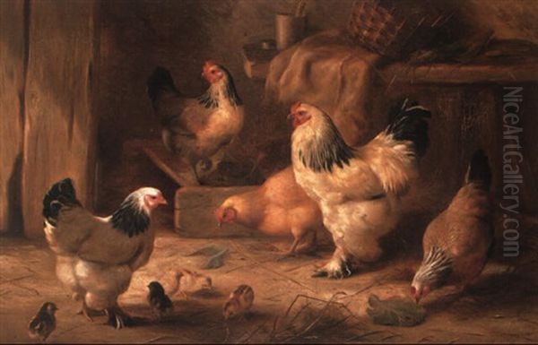 Hens And Their Chicks In A Wood Shed Oil Painting by Edgar Hunt