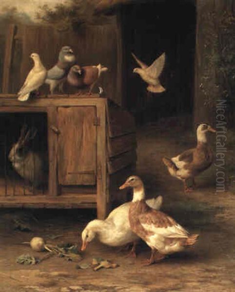 Pigeons, Ducks And A Rabbit Oil Painting by Edgar Hunt