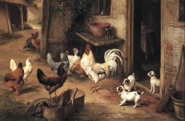 Cockerel, Hens And Puppies At A Cottage Doorway Oil Painting by Edgar Hunt