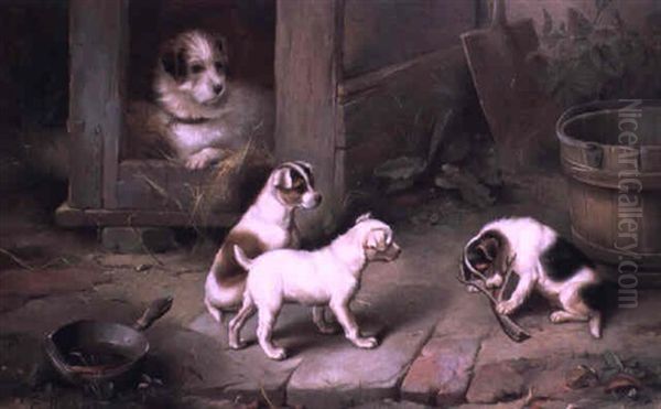 Puppies At Play Oil Painting by Edgar Hunt