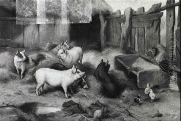 Pigs, Chicks And A Cockerel In A Farmyard Oil Painting by Edgar Hunt