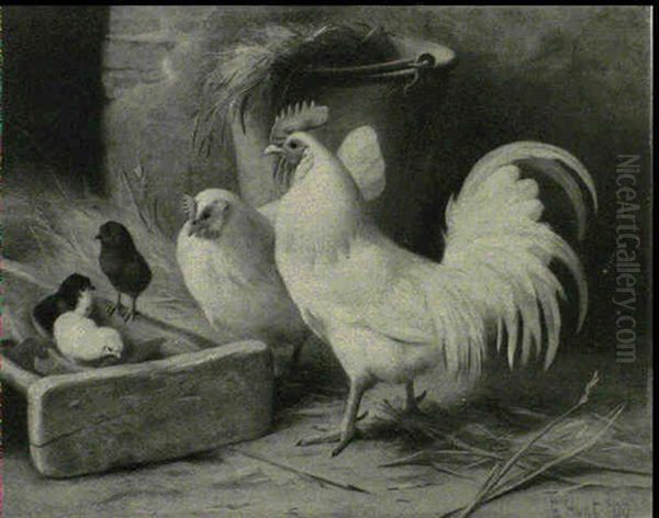 Cockerel With A Hen And Chicks Oil Painting by Edgar Hunt