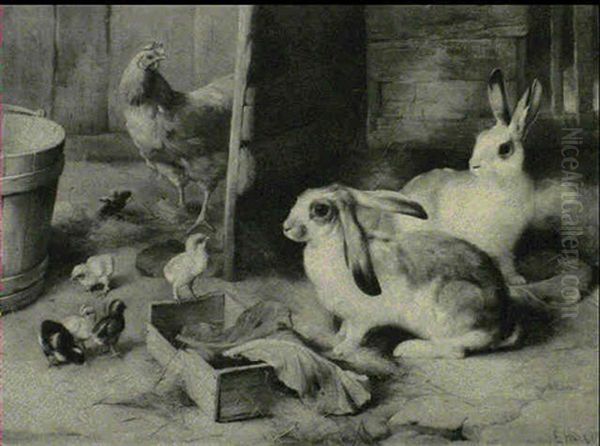 Rabbits And Chicks In A Barn Oil Painting by Edgar Hunt