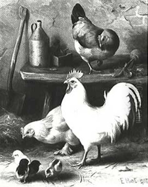 Rooster And Chickens In The Barnyard Oil Painting by Edgar Hunt