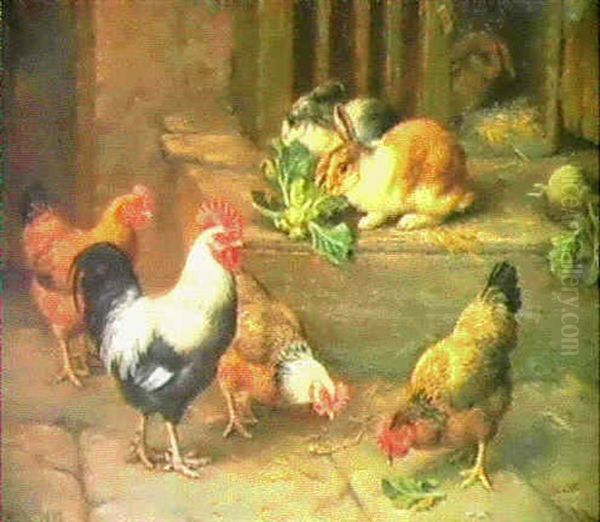 By The Rabbit Hutch  Feeding Time Oil Painting by Edgar Hunt