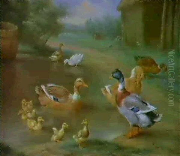 A Duck Pond Oil Painting by Edgar Hunt