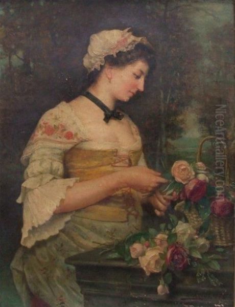 Jeune Femme Au Panier De Roses Oil Painting by Claudios Barriot