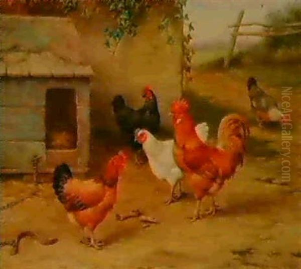 Poultry By A Kennel; And Poltry And Pigeons By A Stable      (2) Oil Painting by Edgar Hunt