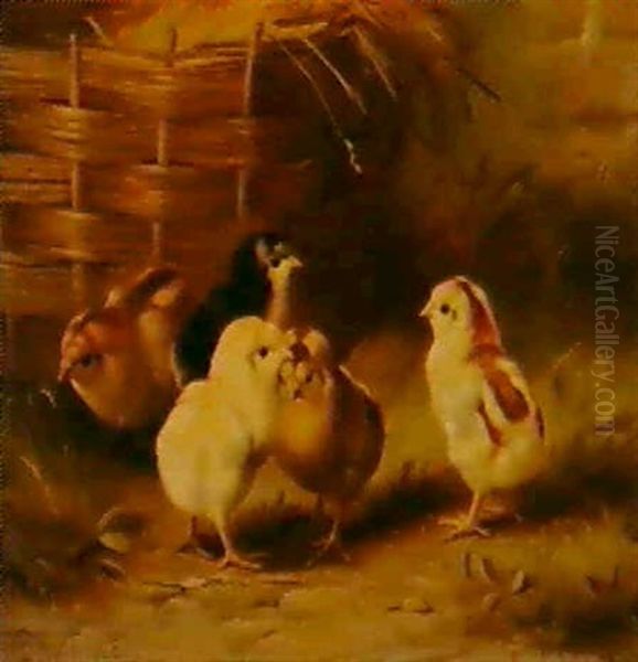 Chicks By A Basket Oil Painting by Edgar Hunt