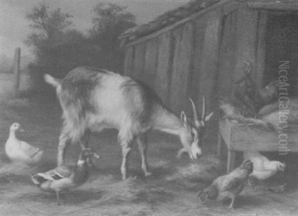 Goat, Ducks And Poultry In A Farmyard Oil Painting by Edgar Hunt