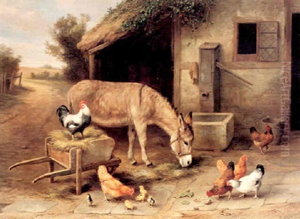 A Donkey And Chickens Outside A Stable Oil Painting by Edgar Hunt