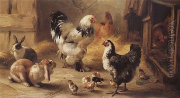 Rabbits And Chickens Oil Painting by Edgar Hunt