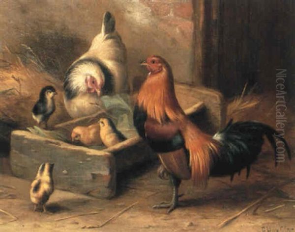 A Rooster And A Hen With Their Chicks Oil Painting by Edgar Hunt