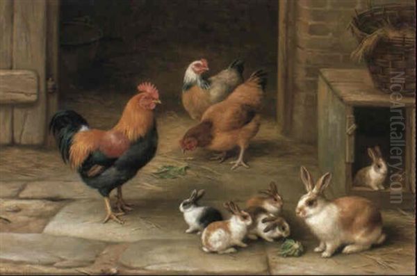 Poultry And Rabbits By A Hutch Oil Painting by Edgar Hunt