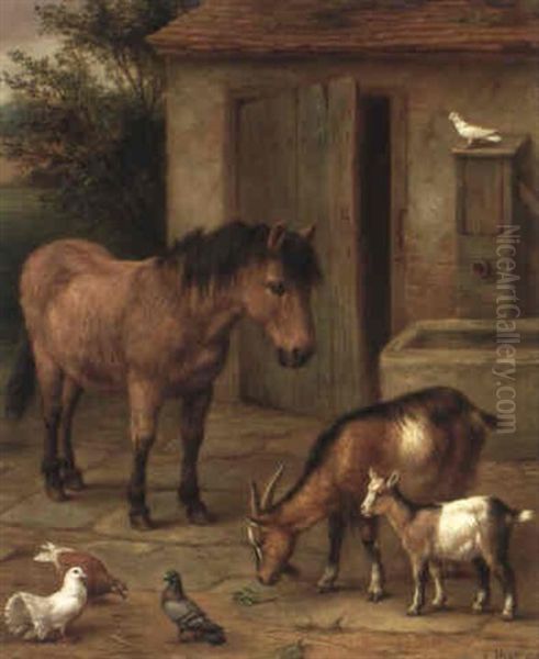 A Pony And Goats In A Farmyard by Edgar Hunt