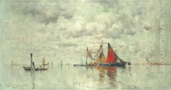 A Busy Lagoon Oil Painting by Edmund Aubrey Hunt