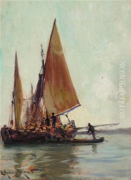 A Yacht At Anchor And A Fishing Boat And Tender (pair) Oil Painting by Edmund Aubrey Hunt