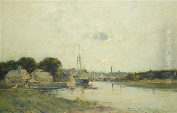 River Landscape, Possibly New England Oil Painting by Edmund Aubrey Hunt