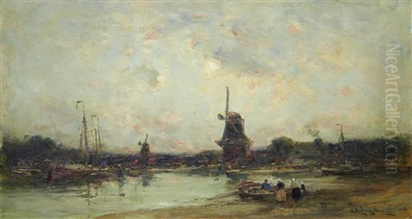 River Landscape With Boats And Windmills Oil Painting by Edmund Aubrey Hunt