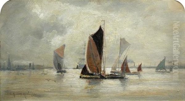 Dutch Barges In A Calm Oil Painting by Edmund Aubrey Hunt