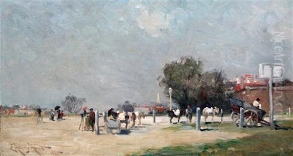 Figures And Donkeys On The Edge Of A Park Oil Painting by Edmund Aubrey Hunt