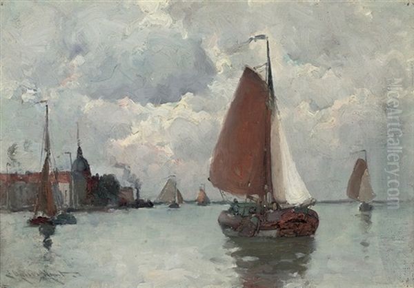 Dutch Barges In A Calm Oil Painting by Edmund Aubrey Hunt