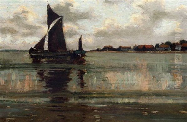 A Fishing Boat At Anchor In An Estuary Oil Painting by Edmund Aubrey Hunt